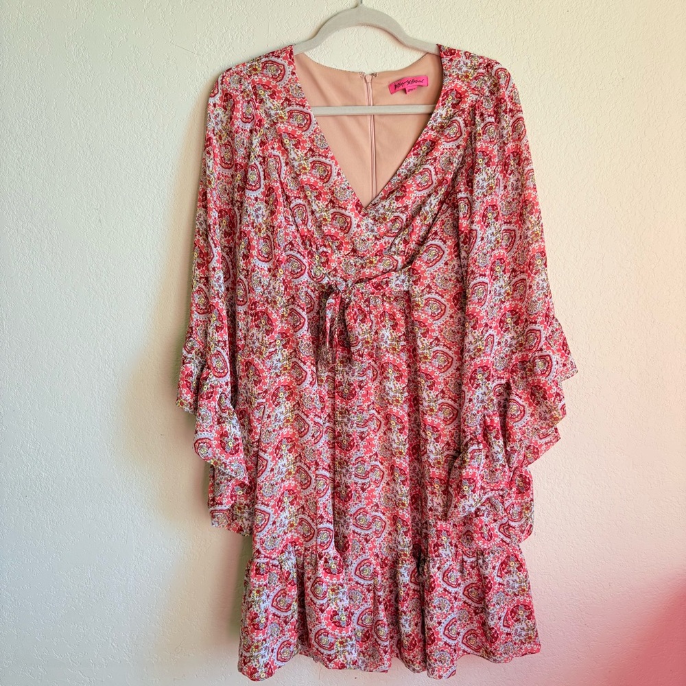 Betsey Johnson Floral V-Neck Dress with Tiered Ruffle and Bell Sleeves (Sz. 4)